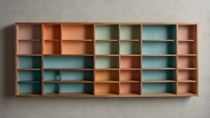 Multi-colored wooden wall-mounted shelving unit.