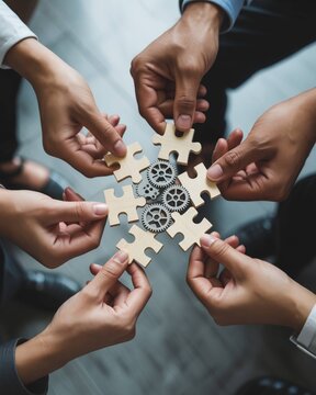 Collaborative Assembly: A circle of hands meticulously connecting puzzle pieces and gears. Illustrating teamwork, problem-solving, and the synergy of human collaboration in a modern, close-up view.