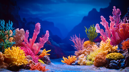 Vibrant coral reef with colorful corals, sea plants, and underwater scenery, creating serene and enchanting ocean environment
