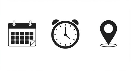Vector art of calendar, clock, and location pin icons isolated on white background