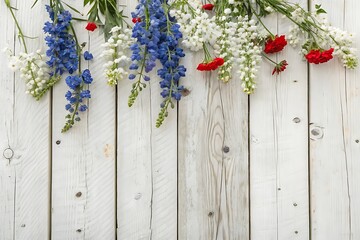 Blue White and Red Flowers on White Wood Planks