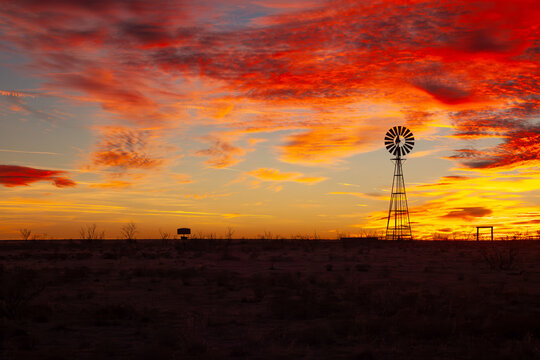 Windmill Silhouette at Fiery Texas Sunset