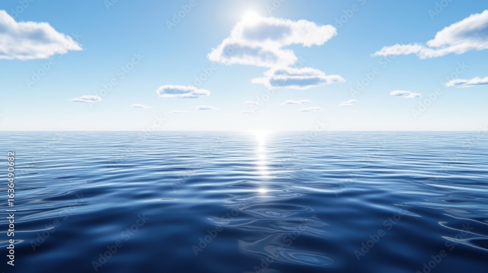 Poster a serene ocean view with gentle waves, reflecting a clear blue sky and sparse clouds, creating a pea