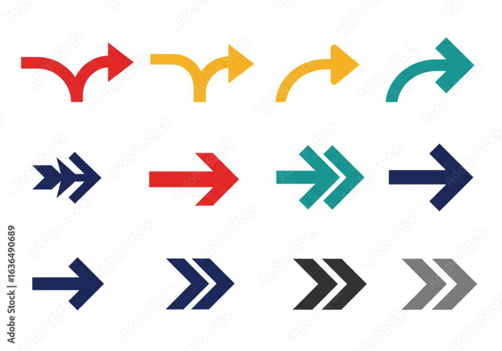 Poster vector art of set of colorful arrow icons pointing to the right isolated on white background