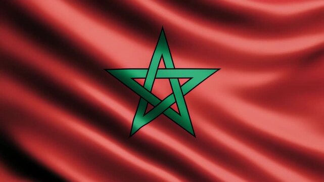 Dynamic Moroccan flag waves proudly, showcasing vibrant red and green national emblem for patriotic celebrations and cultural events