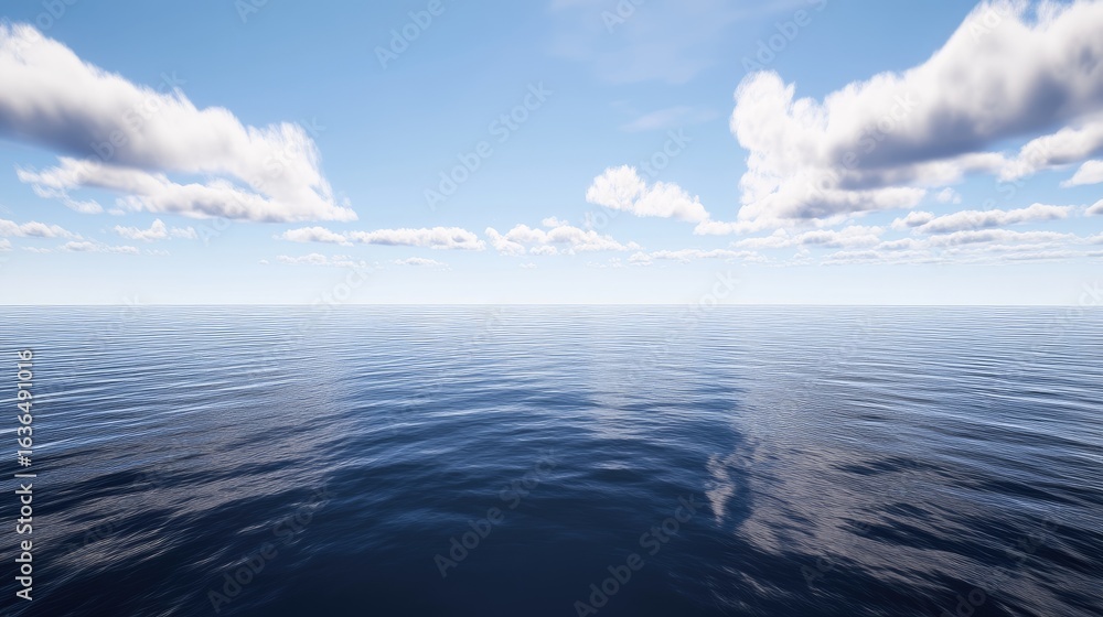 Poster a serene ocean view with gentle waves, reflecting a clear blue sky and sparse clouds, creating a pea