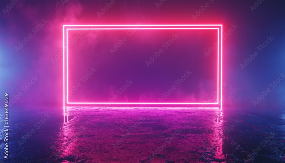 Poster glowing techno backdrop: neon double rounded rectangular frame with shining effects on dark. an empt