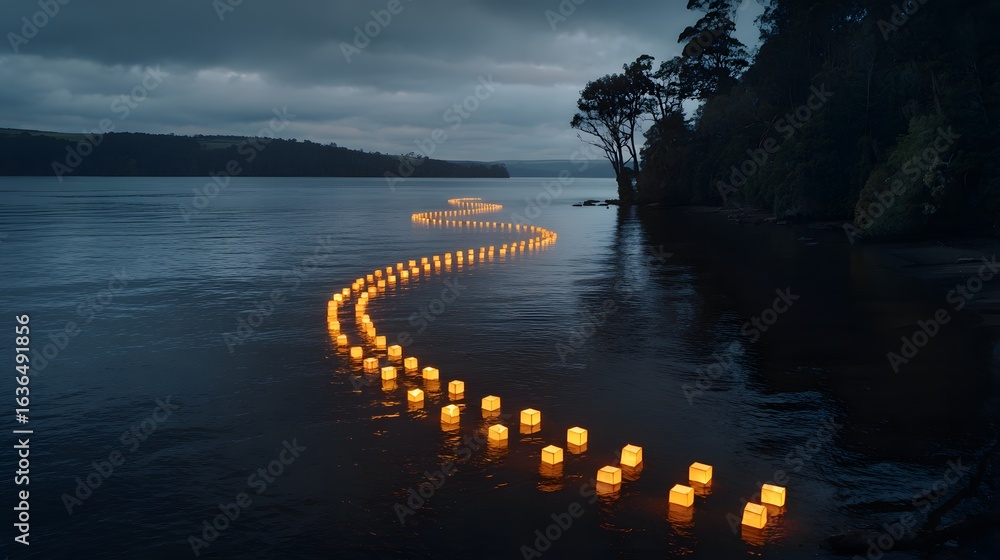 Poster floating lanterns create a gentle curve on the water's surface.