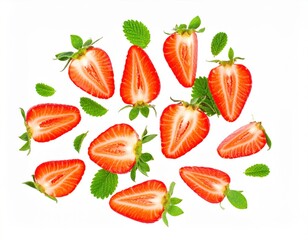 Fresh and vibrant strawberries cut in half with mint leaves arranged on a white background