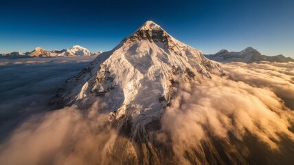 Majestic Snow-Capped Mountain Peak Rising Above a Sea of Golden Clouds at Sunrise, Showcasing a Breathtaking Alpine Landscape, Ideal for Adventure, Travel, and Nature Exploration Themes