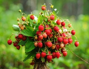 Obraz premium Harvesting fresh wild strawberries in the lush green forest during summer