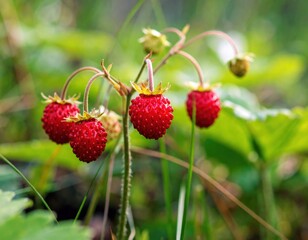 Freshly ripened wild strawberries growing in a lush green field during the warm summer season