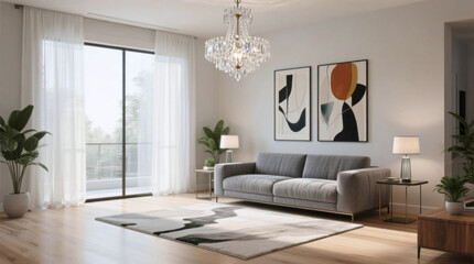 Modern Living Room Interior Design with Grey Sofa and Elegant Chandelier