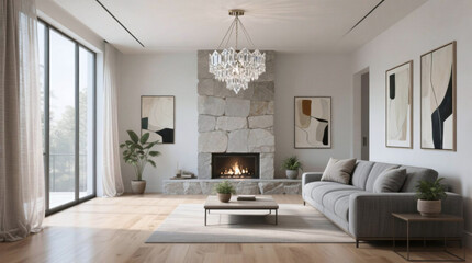 Modern Living Room Interior Design with Grey Sofa and Elegant Chandelier