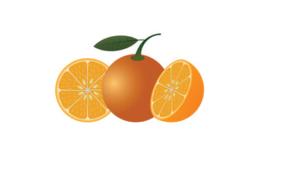 Realistic vector illustration of a whole orange with a green leaf and two sliced halves, showing juicy texture, isolated on a white background. Perfect for food, fruit, and healthy lifestyle designs.
