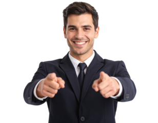  Young Businessman in Black Suit Pointing Forward, Front View with Confident Smile, Isolated Transparent Background PNG