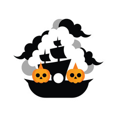 Ghost pirate ship flying through dark stormy clouds vector art illustration