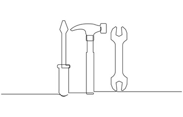 Continuous one line drawing of Repair and Construction Tools vector illustration. Editable outline