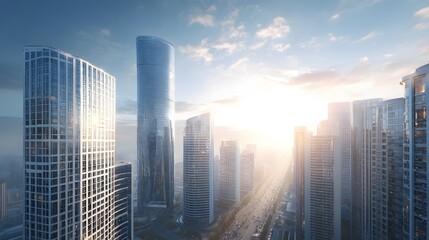 Obraz premium City skyline with numerous high-rise buildings at sunrise.