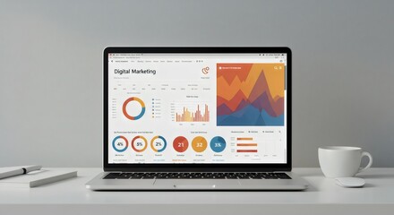 A laptop displaying a digital marketing dashboard with various charts and data visualizations, representing business analytics, strategy, and online performance