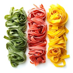 Three nestled bundles of colorful fettuccine pasta isolated on white background