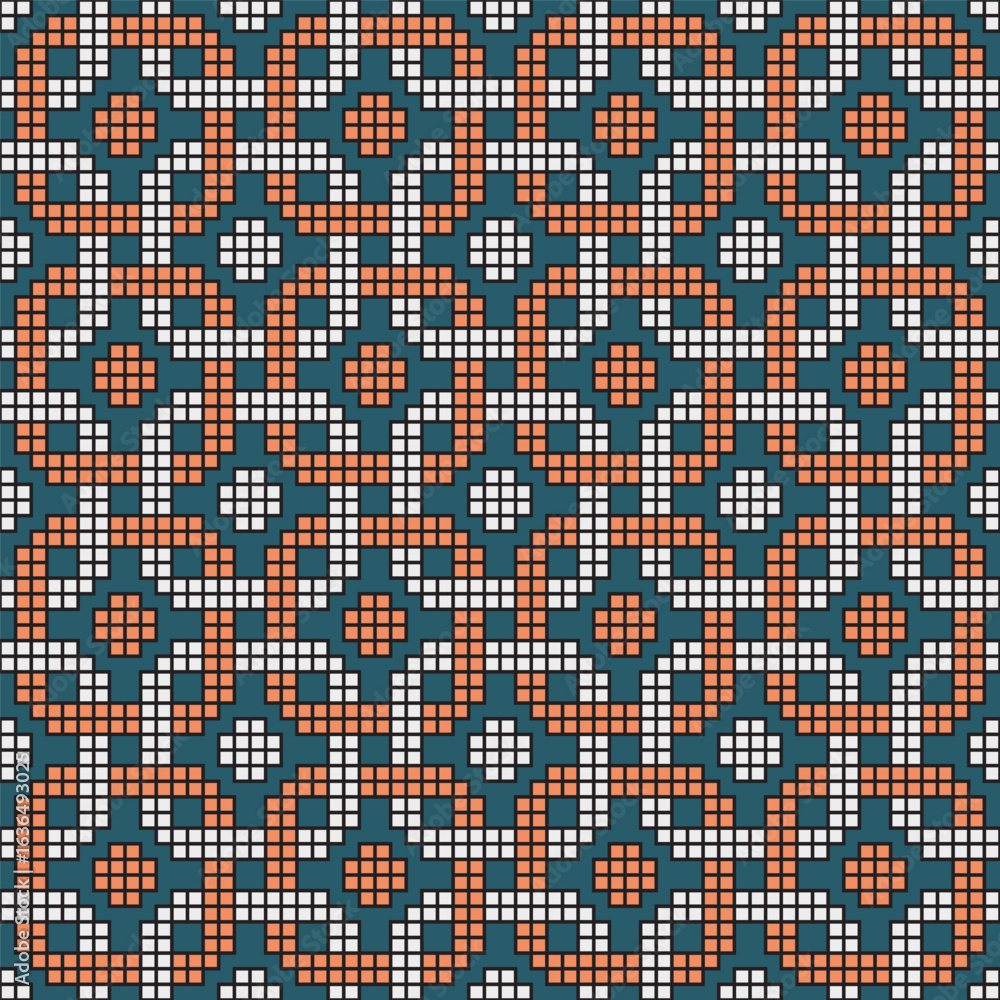 Poster pixelated interwoven knotwork repeating tile with geometric shape and retro color