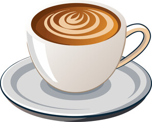 A white coffee cup with cappuccino stands on a white saucer. stock illustration