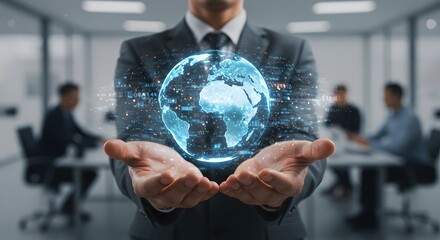 Businessman Holding Digital Globe with Data Overlay