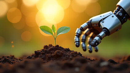 A robotic hand gently touches a young plant seedling, symbolizing the future of technology and nature