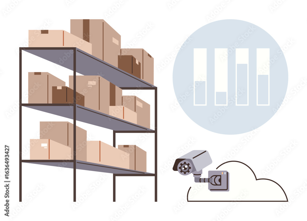 Poster storage rack with boxes, a cloud-connected security camera, and data visualization chart. ideal for 