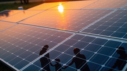 Solar panels reflect sunset, showcasing silhouettes of people interacting nearby, symbolizing renewable energy and community engagement
