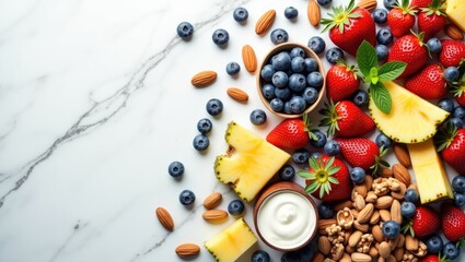Assorted fresh fruits, nuts, and yogurt on a marble surface.