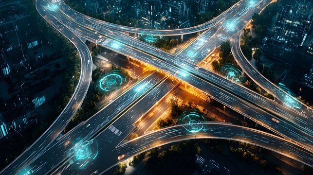 Aerial view of a complex highway interchange at night, with overlaid digital information. - Powered by Adobe