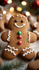 Fototapeta premium A decorated gingerbread man cookie with a smiling face, colorful buttons, and icing details. Surrounded by festive decorations and soft lighting.