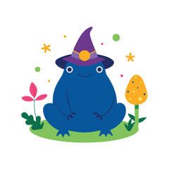 Giant toad wearing a wizard hat surrounded by magical mist vector art illustration