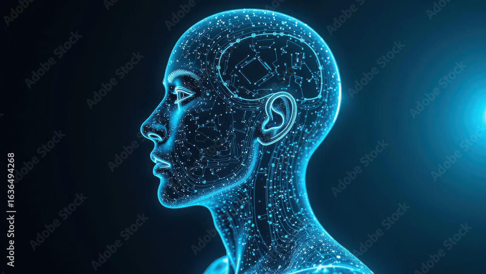 Poster futuristic digital human head with glowing circuits and data patterns, representing artificial intel