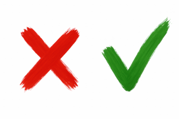Hand-painted red cross and green checkmark symbols indicating a choice between incorrect and correct options, presented against a dark backdrop.