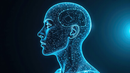 Obraz premium Futuristic digital human head with glowing circuits and data patterns, representing artificial intelligence and technology