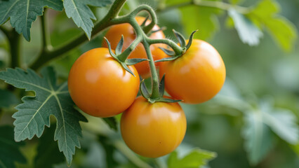 Fresh yellow tomatoes growing on vine, showcasing their vibrant color and healthy leaves. perfect addition to any garden or culinary dish