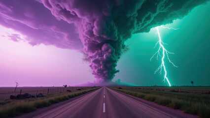Dramatic storm scene features swirling tornado with vibrant purple and green clouds, illuminated by striking lightning. empty road leads towards