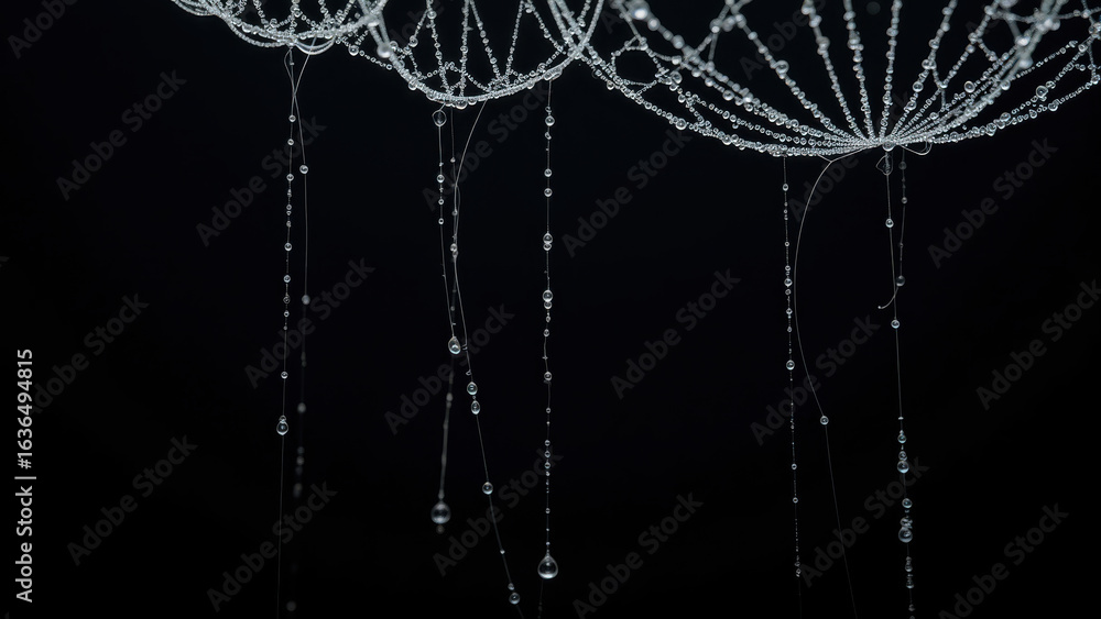 Poster delicate water droplets hang gracefully from web like structure, creating mesmerizing display agains