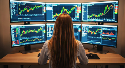 Female stock market trader analyzing financial data graphs on a multi-monitor computer setup
