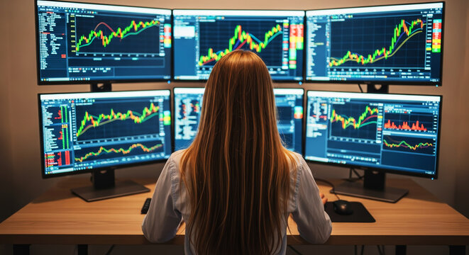 Female stock market trader analyzing financial data graphs on a multi-monitor computer setup