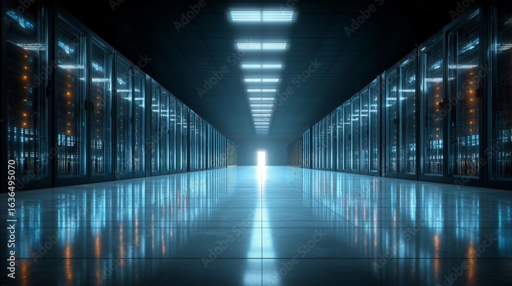 Poster a sleek and futuristic data centre featuring rows of illuminated server racks. the reflective floor 