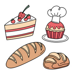 A delightful collection of hand drawn baked goods including a slice of cake with strawberries and a cupcake topped with a chef hat