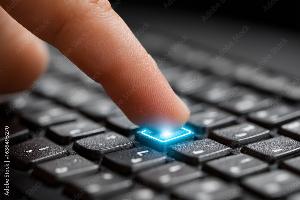 Poster close-up of an index finger pressing a glowing key on a keyboard, symbolizing technology and innovat