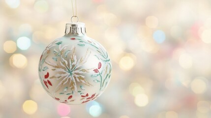 A macro shot of a beautifully designed glass Christmas ornament, featuring intricate patterns and soft colors. Perfect for holiday decorations, gift ideas, and festive marketing.