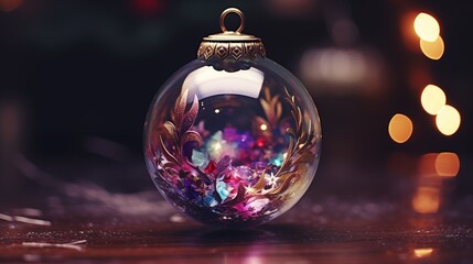 A macro shot of a beautifully crafted glass Christmas ornament, featuring intricate designs and colorful reflections. Perfect for holiday decor, gift ideas, and festive marketing.