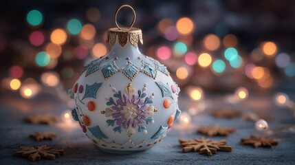 A macro shot of a beautifully crafted glass Christmas ornament featuring intricate designs and vibrant colors. Perfect for holiday decor, gift ideas, and festive advertising themes.