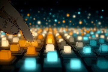 A close-up of an index finger pressing a glowing key on a keyboard, creating a vibrant atmosphere. This image conveys innovation and technology, perfect for digital marketing and tech-related themes.